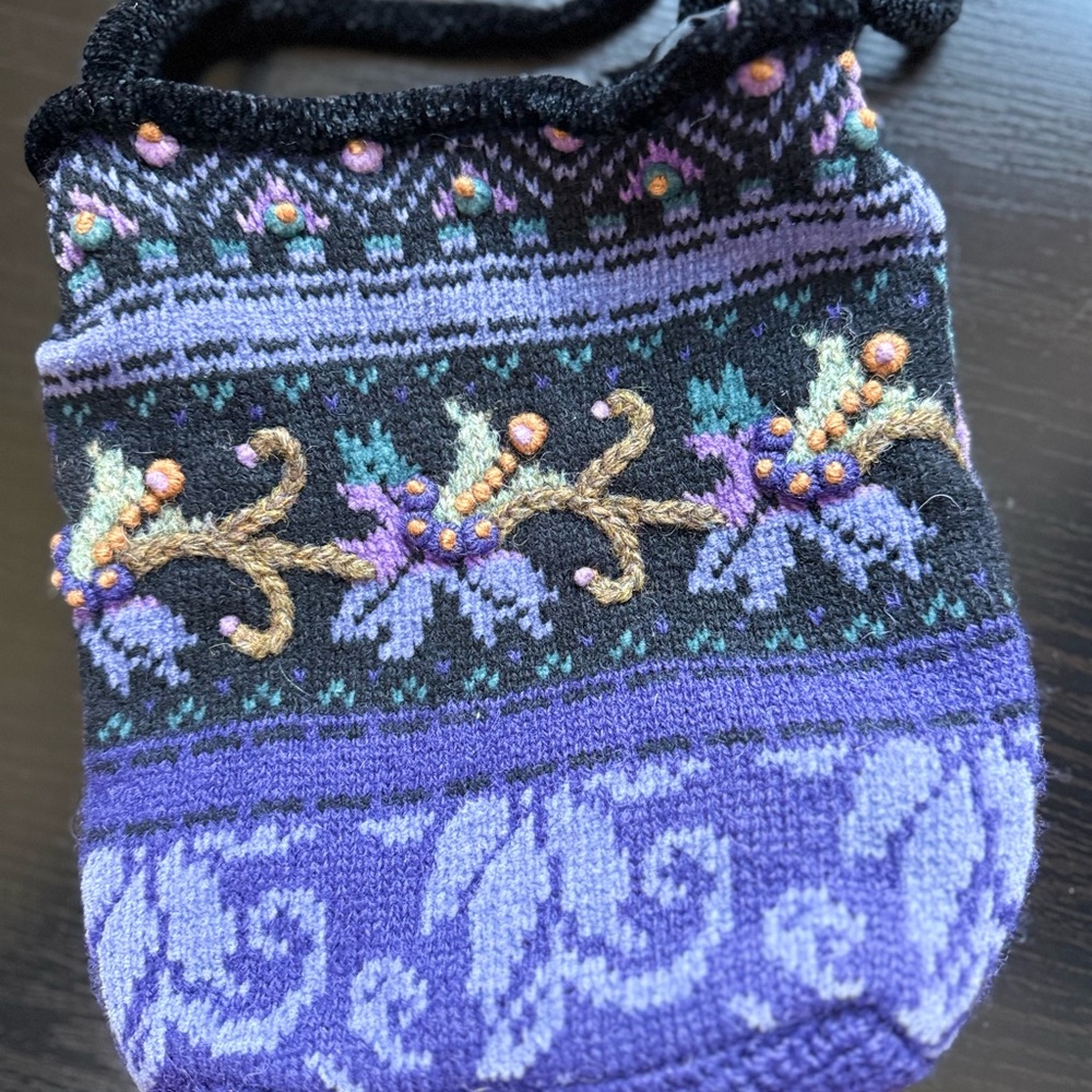 Vintage Icelandic Designs Wool Knit Crossbody Bag Purple Nordic Folk Embroidery - Picture 5 of 10